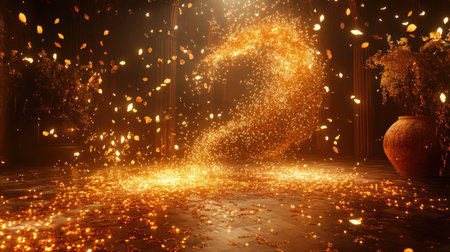 Whimsical dance of warm orange and gold lights swirling in the air, creating an enchanting glow.の素材