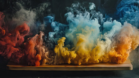 A wooden palette covered in a spectrum of colors, with a brush in motion blending hues.の素材