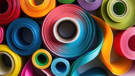A vibrant assortment of adhesive tape rolls arranged in a spiral pattern, with each roll a different color.の素材