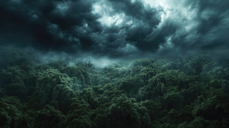 A view of black clouds swirling ominously above a dense forest, creating a dramatic and mysterious scene.の素材
