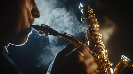 Close-up of a saxophone mouthpiece and keys, highlighted by dramatic lighting against a deep black background.の素材