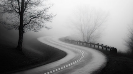 A winding road disappearing into a wall of fog, with faintly visible guardrails and trees.の素材