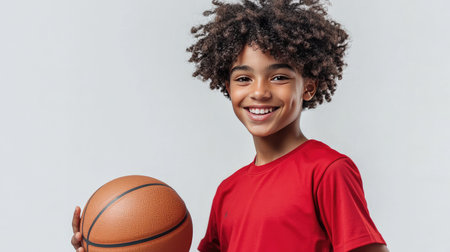 A young basketball player holding the ball with one hand, smiling confidently, against a light gray background.の素材