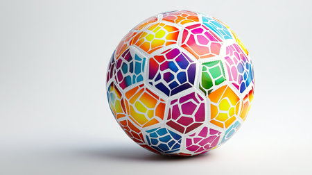A vibrant soccer ball with colorful hexagonal patterns, resting on a clean white background.の素材