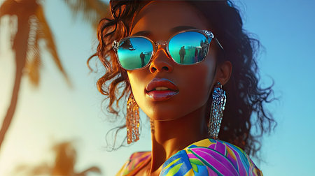A vibrant image of a woman in mirrored sunglasses and a colorful summer dress, standing against a beachy backdrop.の素材