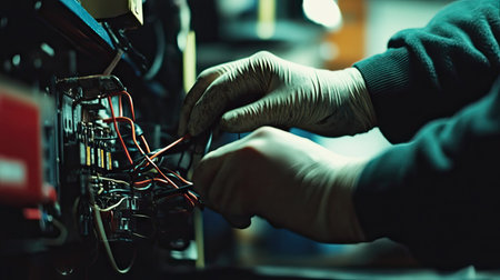 A technician's hands carefully applying electrical tape to exposed wire connections in an electronic device.の素材