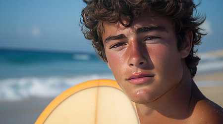 A young man preparing his surfboard for the waves, looking determined with the beach and ocean ahead.の素材