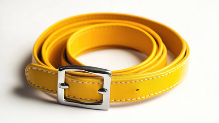 A yellow leather belt coiled tightly with a shiny buckle, casting a soft shadow on a white background.の素材