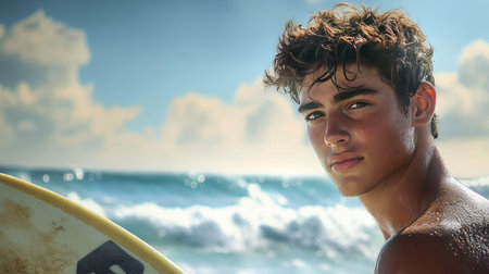A young man looking focused while holding his surfboard at the edge of the ocean, preparing for a surf session.の素材