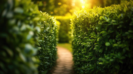 Close-up of a dense green hedge forming part of a labyrinth, with sunlight filtering through the leaves.の素材