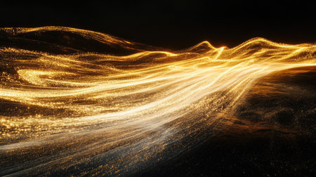 Bright light beams moving gracefully in a fluid dance, creating glowing trails in a dark atmosphere.の素材