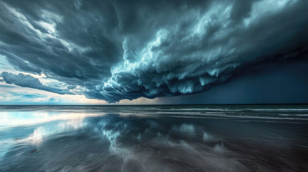 A turbulent sky of dark gray and black clouds over a calm ocean, reflecting the stormy weather.の素材