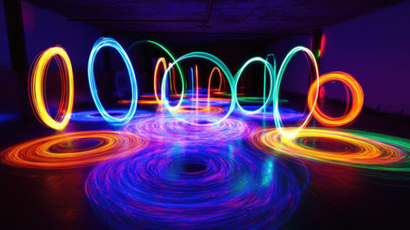 Bright neon light trails creating a stunning dance of glow and motion in a dark setting.の素材