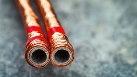 Two copper wires twisted together and insulated with red electrical tape, against a gray industrial surface.の素材