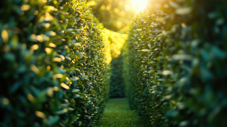 Close-up of a dense green hedge forming part of a labyrinth, with sunlight filtering through the leaves.の素材