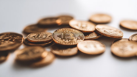Several golden bitcoin coins scattered artistically across a white surface, with light reflections enhancing the gold.の素材