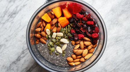 A top-down view of a blender filled with vibrant fruits, nuts, and seeds, with a clean kitchen aesthetic.の素材