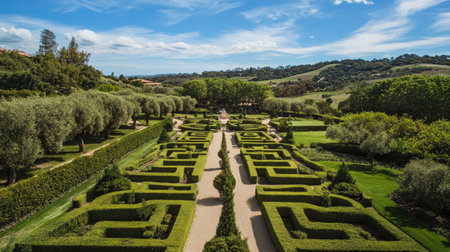A beautiful hedge maze with perfect geometric shapes, offering a serene and enchanting view from above.の素材