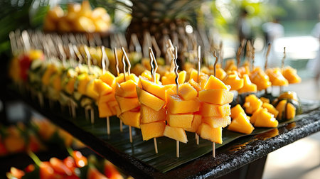 A selection of fruit skewers with a mix of tropical fruits like mango, pineapple, and papaya, perfect for a buffet.の素材