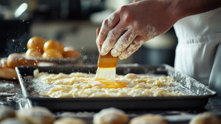 A pastry chef in the process of brushing egg yolk onto raw bread dough, with the dough placed on a baking tray.の素材
