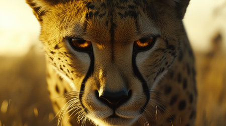 An amazing cheetah closeup shot, highlighting its piercing eyes and intricate fur patterns, set against a blurred savanna backdrop.の素材