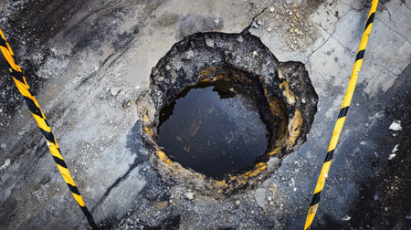 An aerial view of a large sinkhole with yellow and black barricade tape surrounding itの素材