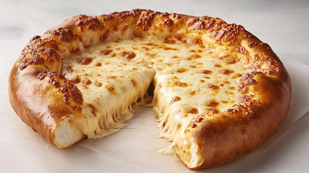 A cheese pizza with a single slice pulled out, showcasing stretchy cheese on a white backdropの素材