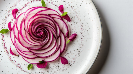 Thinly sliced red onion rings arranged in a concentric pattern on a white ceramic plate.の素材