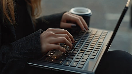 A close-up of a businesswoman's hands typing on a laptop keyboard with a coffee cup beside herの素材