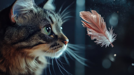 A cat focused on a feather toy, its eyes locked on the target as it prepares to leap, creating an exciting and energetic atmosphere.の素材