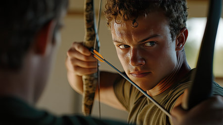 A beginner archer receiving guidance while aiming his bow at a target in an archery classの素材