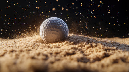 Dynamic capture of a golf ball soaring from a sand bunker, with sand particles creating a dramatic backdrop.の素材