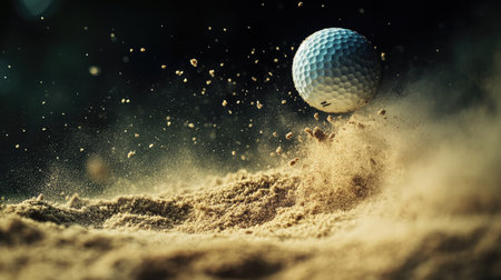 The moment of impact as a golf ball is hit from a bunker, with sand flying in all directions in high definition.の素材