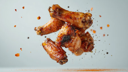Roasted chicken wings, seasoned to perfection, with spices flying in mid-air, isolated on a white background for a dynamic shot.の素材