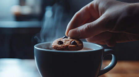 A close-up of a hand dipping a chocolate chip cookie into a steaming cup of coffee on a kitchen tableの素材