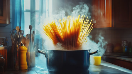 Uncooked spaghetti fanned out in a pot of boiling water, surrounded by steam and kitchen utensils.の素材
