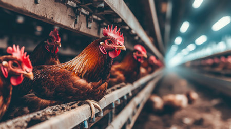 Rows of chickens inside an indoor farm, pecking at the ground, with a spacious environment and clear ventilation systems.の素材