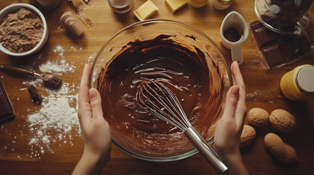 A bowl of rich, melted chocolate in hands with a whisk, surrounded by baking ingredients and utensilsの素材