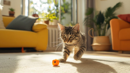 A cat playfully pouncing on a small toy, its ears perked up and its tail in mid-air, captured in a bright, modern living room.の素材