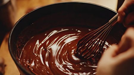A close-up of a bowl of rich melted chocolate, with hands holding a whisk ready to stirの素材