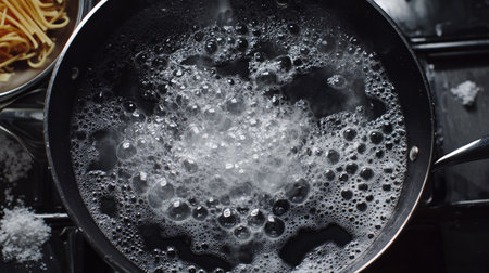 Overhead view of a stovetop pot with boiling spaghetti and water bubbles foaming at the edges.の素材