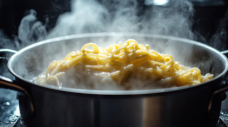 Spaghetti swirling in a pot of bubbling water, with steam and light creating a dramatic cooking scene.の素材