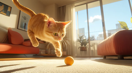 A cat playfully pouncing on a small toy, its ears perked up and its tail in mid-air, captured in a bright, modern living room.の素材