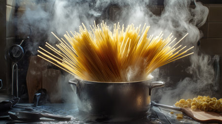 Uncooked spaghetti fanned out in a pot of boiling water, surrounded by steam and kitchen utensils.の素材