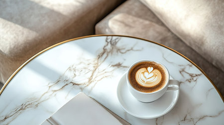 A close-up of a marble coffee table with a cup of coffee and a book on a cozy sofaの素材