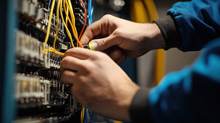A technician's hands carefully applying electrical tape to exposed wire connections in an electronic device.の素材