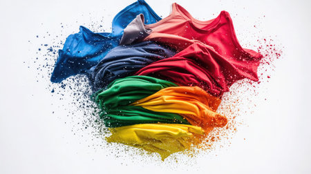 A stack of colorful t-shirts seemingly exploding into the air, captured mid-motion on a white background.の素材