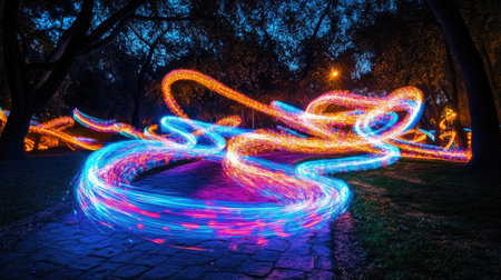 Bright neon light trails creating a stunning dance of glow and motion in a dark setting.の素材