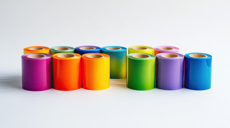 A stack of multi-colored self-adhesive tape rolls neatly arranged in a rainbow pattern on a white background.の素材