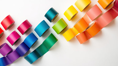 A vibrant display of adhesive tape rolls in rainbow colors, placed diagonally across a white background.の素材